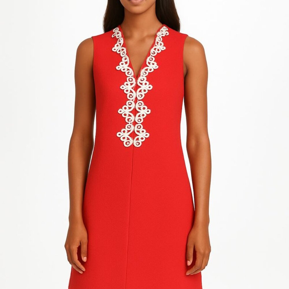 Vince Camuto Size 4 Coral V-Neck Stretch Scuba Knit Preppy Shift Mini Dress